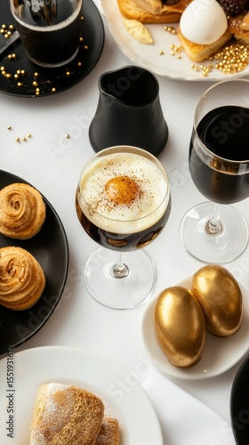 Elegant Dessert Table with Coffee, Pastries, and Golden Treats