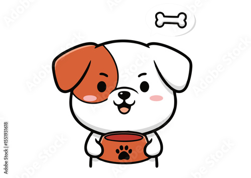 Adorable Cartoon Puppy with Food Bowl Cute Dog Illustration