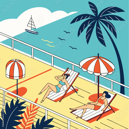Two Women in Bikinis Enjoying Ocean View from Cruise Ship Deck – Flat Vector Illustration