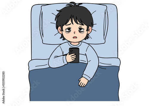Tired Boy Lying in Bed with Phone - Illustration of Sleep Deprivation