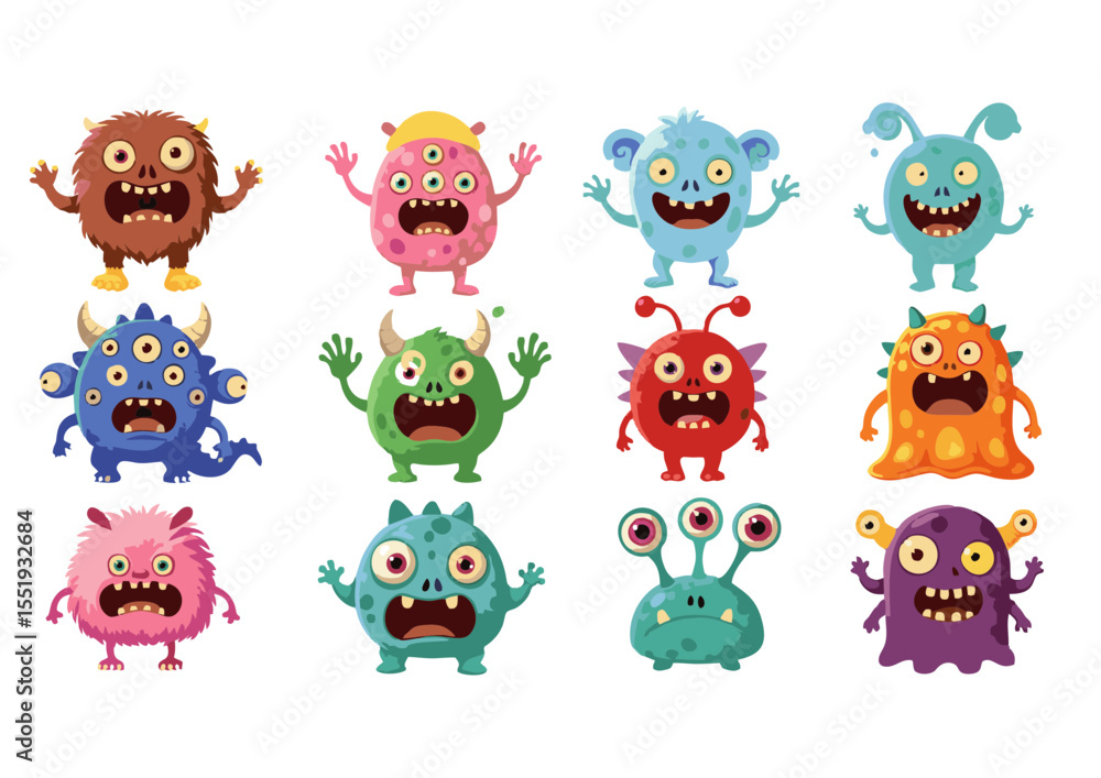 Obraz premium Set of Cute Colorful Cartoon Monsters – Vector Illustration