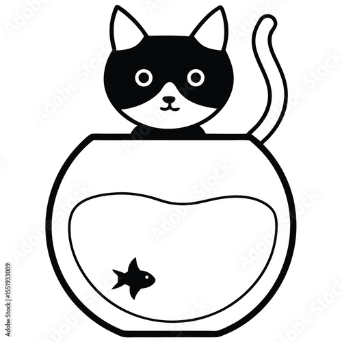 Cute cartoon black and white cat peeking out of a fishbowl with a fish