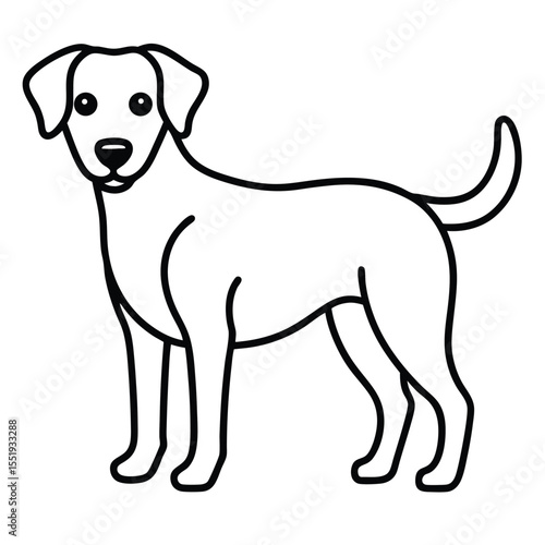Simple black outline drawing of a happy dog standing on a white background