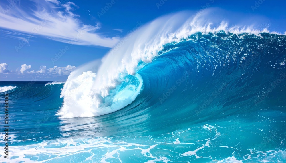 Obraz premium Massive Ocean Wave Crashing and Spraying Water Under a Bright Blue Sky