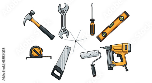 Illustration of various construction and repair tools arranged in a circular pattern on a white background