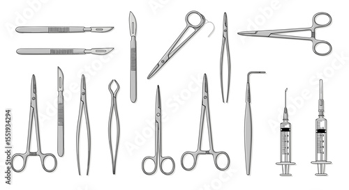 A collection of surgical instruments including scalpels forceps syringes and clamps are displayed here neatly