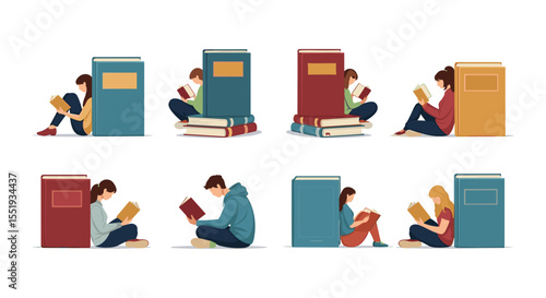 Illustrative depiction of people reading books while sitting near large book stacks and single books