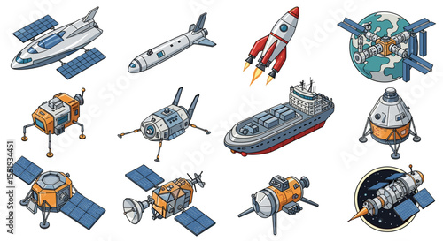 Illustration showing a collection of various space vehicles and a cargo ship in cartoon style
