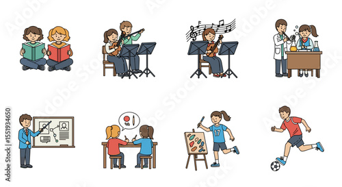 Illustration showing students engaged in various activities like reading, music, science, and sports