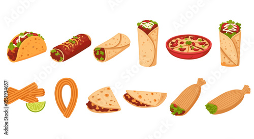 A collection of various mexican food items including tacos burritos and other traditional dishes shown