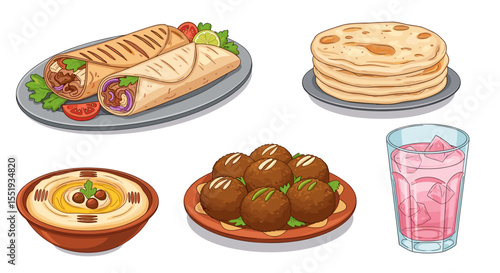 Illustration of a middle eastern food spread with shawarma hummus falafel and a pink drink displayed 100