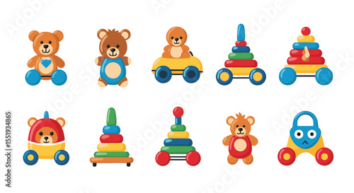 A collection of colorful cartoon style toys featuring teddy bears and stacking rings on wheeled bases
