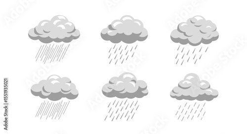 Six cartoon gray clouds with varying rain intensities on a white background illustration weather concept