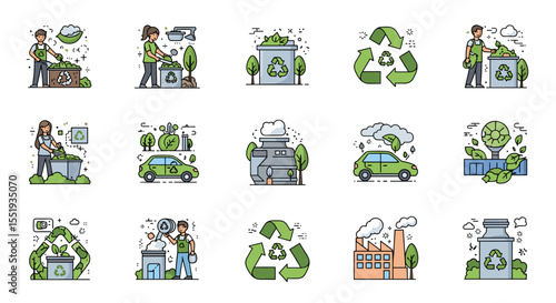 Collection of illustrations depicting environmental conservation and sustainable practices icons set up nicely
