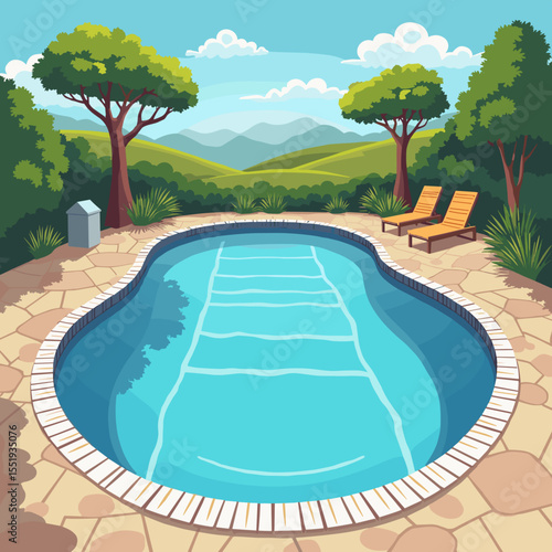 Colorful swimming pool with sun loungers and scenic landscape  