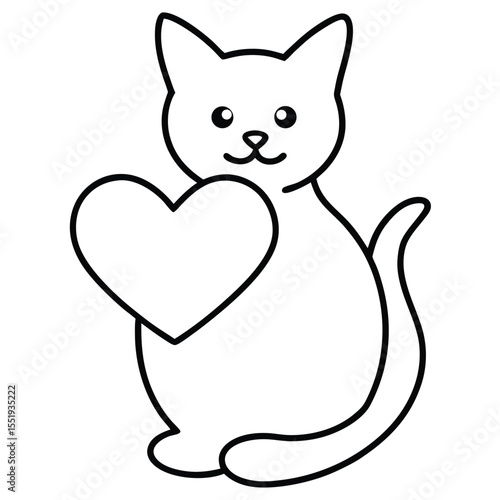 Cute cartoon black and white cat holding a heart shape with love