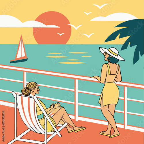 Two Women in Bikinis Enjoying Ocean View from Cruise Ship Deck – Flat Vector Illustration