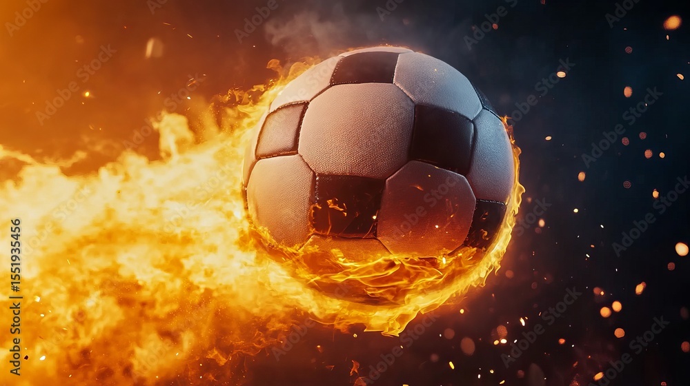 Fototapeta premium A soccer ball engulfed in bright flames, soaring dynamically against a black background, conveying energy and intensity. 