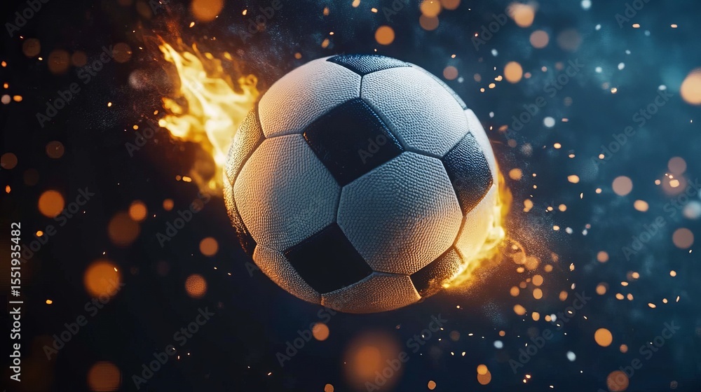 Naklejka premium A soccer ball engulfed in bright flames, soaring dynamically against a black background, conveying energy and intensity. 