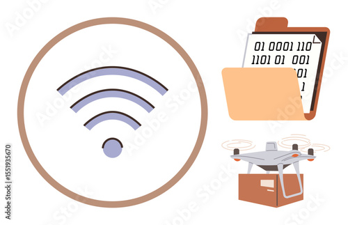 wireless signal icon, folder with binary code file, and delivery drone hovering above a parcel. Ideal for concepts thumbs up connectivity, digital data, innovation, logistics, tech trends