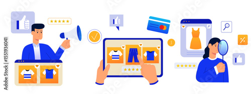 Online shopping and E-commerce concept, people using internet and online platforms for business, marketing, shopping, searching, vector illustration on isolated background 