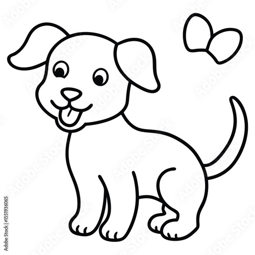 Cute cartoon puppy with floppy ears and a wagging tail in outline style