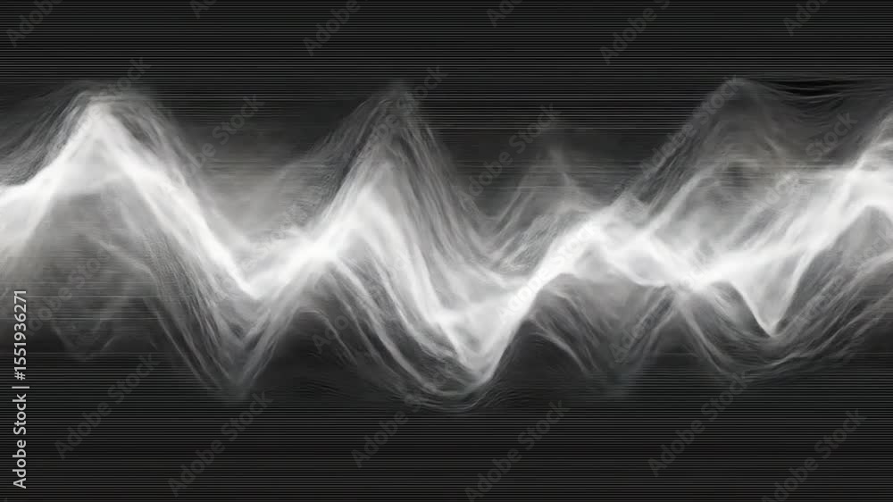Monochrome abstract sound wave pattern with dynamic energy flow and digital vibration