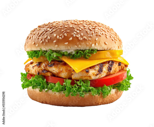 Grilled chicken burger with cheese and fresh vegetables for lunch
