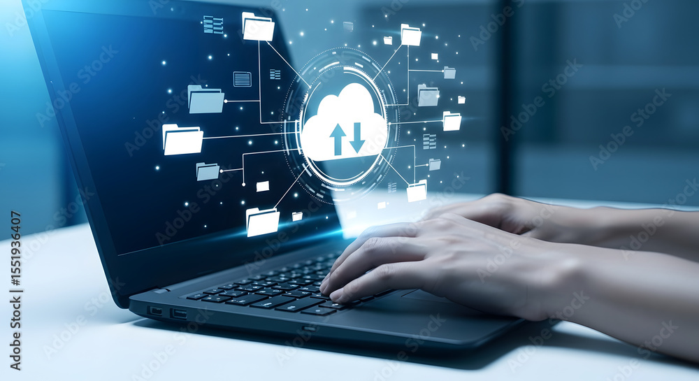 Hands on laptop with cloud data network visualization. Hands on laptop with cloud data network visualization.