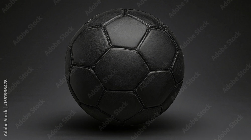 Fototapeta premium Vector 3D illustration of a black leather soccer ball set against a black background. The realistic design highlights detailed stitching, glossy texture
