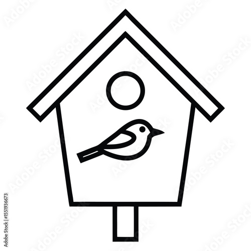 Simple black outline drawing of a birdhouse with a bird perched on it
