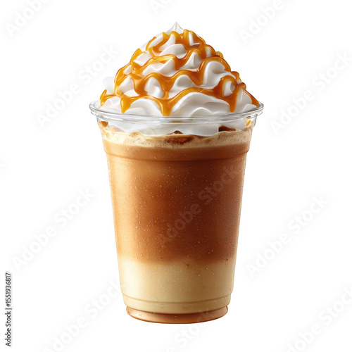 Delicious caramel frappe coffee with whipped cream and caramel drizzle isolated on transparent background