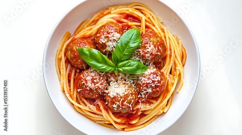 Spaghetti with meatballs parmesan and tomato sauce top view isolated on plain white background
