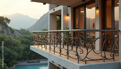 Balcony design with metal railing on a modern house