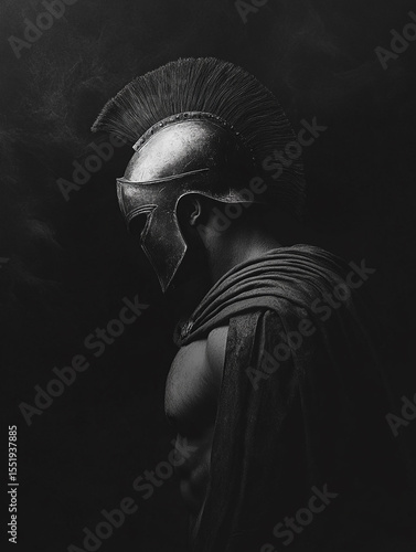 A lone Spartan warrior, clad in dark, weathered armor and a helmet with a distinctive crest, stands in a low-lit, moody setting, evoking a sense of solemnity.