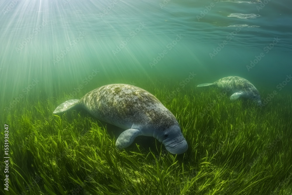 Obraz premium Two manatees swimming and feeding in a lush seagrass meadow with sunlight streaming through clear waters