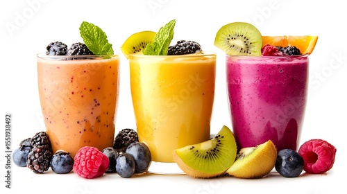 Three blended fruit smoothies with assorted colorful fruits front view isolated on white background