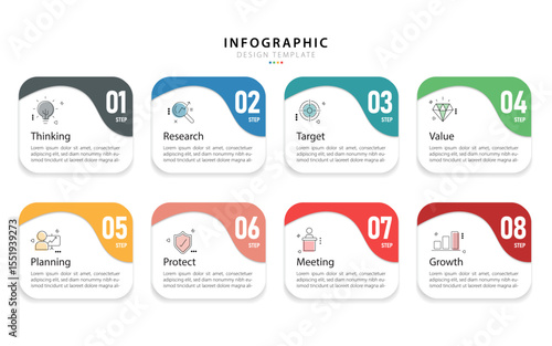 Timeline Creator infographic template. 8 Step timeline journey, calendar Flat simple infographics design template. presentation graph. Business concept with 8 options, gantt vector illustration.