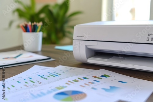 Photo of a printer printing graphs and charts on paper, with an office desk in the background.