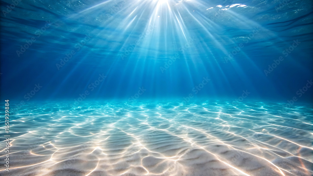 Naklejka premium Sunbeams Illuminate Sandy Ocean Floor, Underwater Scene