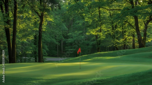 A golf course with a number on the ground