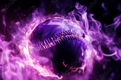 A glowing purple baseball surrounded by mystical smoke in a dark, dramatic atmosphere