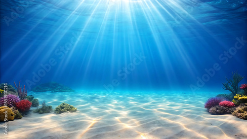Fototapeta Naklejka Na Ścianę i Meble -  Underwater scene of vibrant coral reef on sandy ocean floor, sunbeams filtering through water