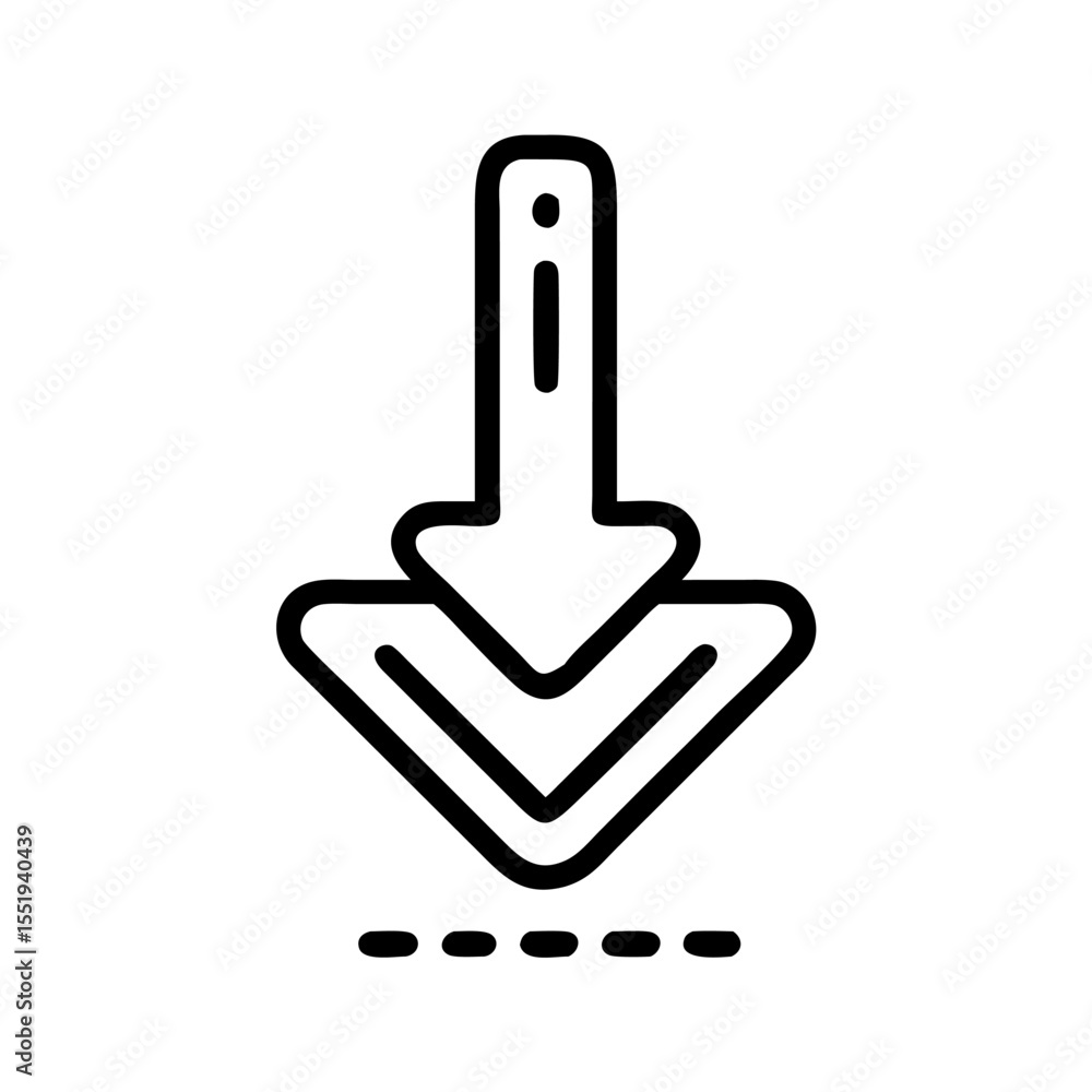 Obraz premium Black Download Arrow Icon Silhouette on White Background, Minimalist Interface Symbol for Data Transfer, File Save, and App Download Buttons