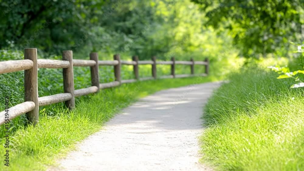 Pathway of Serenity: An inviting path weaves through a verdant landscape, framed by a rustic wooden fence, leading the viewer towards the sun-dappled horizon, embodying tranquility and escape. Pathway of Serenity: An inviting path weaves through a verdant landscape, framed by a rustic wooden fence, leading the viewer towards the sun-dappled horizon, embodying tranquility and escape.