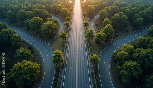 Aerial view of road diverging through green forest