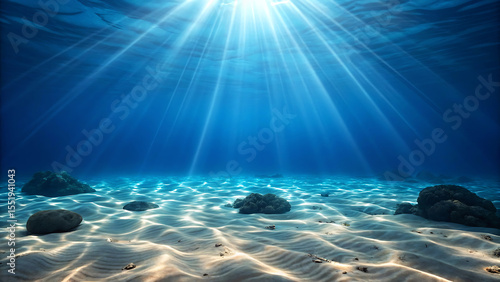 Underwater scene: sunbeams illuminate sandy ocean floor with rocks