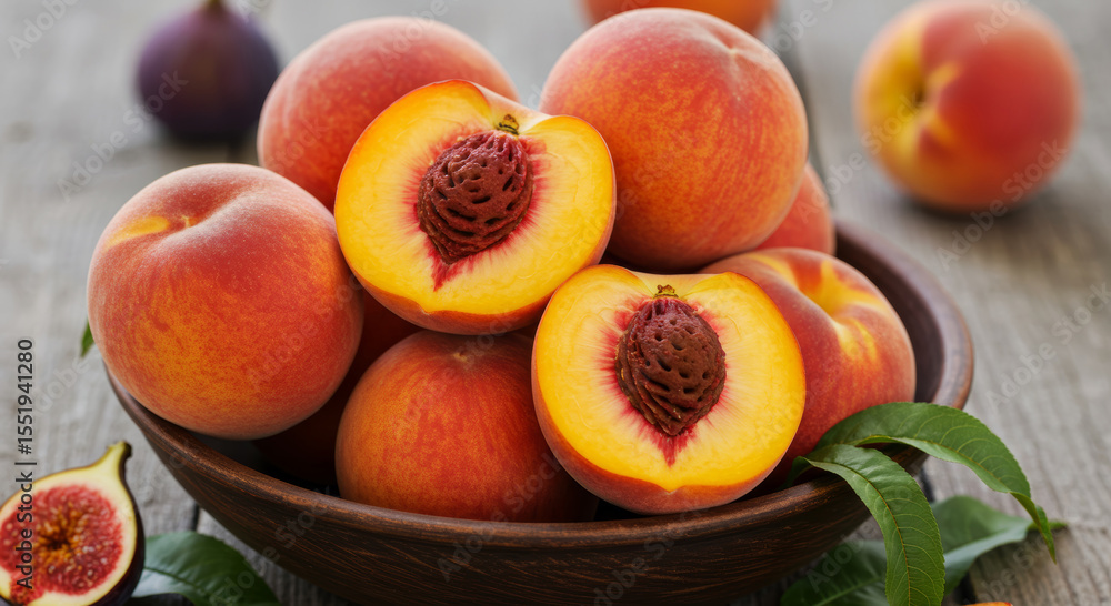 Close-up of ripe peaches, some halved to reveal the stone inside, showcasing summer freshness and flavor. Close-up of ripe peaches, some halved to reveal the stone inside, showcasing summer freshness and flavor.