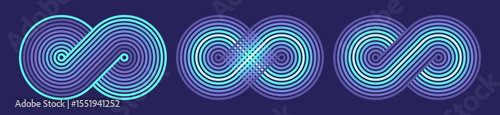 Abstract minimalist retro neon infinity geometric shapes, colorful vintage stripes background or logo, graphicc asset for creative cover with lines, curve, circle