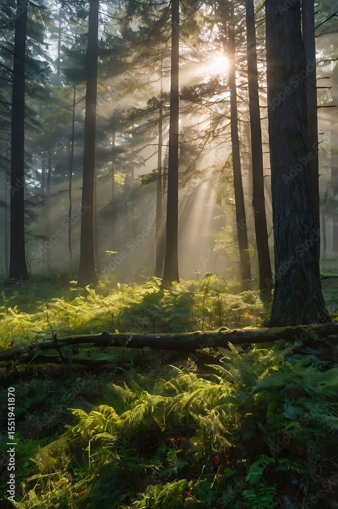 Fototapeta premium Forest Sunlight Rays Through Trees Woodland Nature Scene